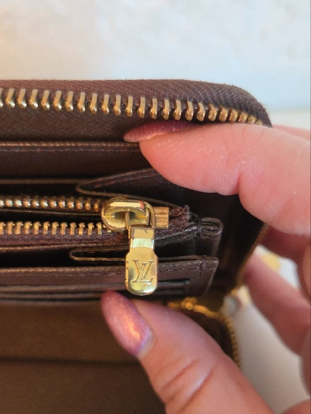 Louis Vuitton Brown Textured Leather Wallet Organazer with Red Logo Stamp